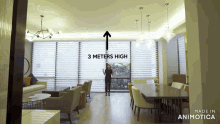 a woman stands in a living room with an arrow pointing up and the words 3 meters high