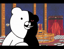 a black and white teddy bear is sitting in a room