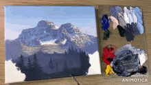 a painting of a mountain is being made by made in animonica