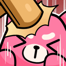 a cartoon illustration of a pink teddy bear with a hammer hitting it