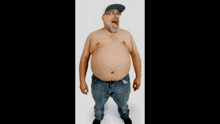 a shirtless man wearing glasses and a hat is standing with his mouth open