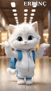 a white cat wearing a blue backpack and a white jacket with the name erding on the bottom