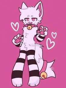 a drawing of a white cat wearing striped socks and a bell around its neck .