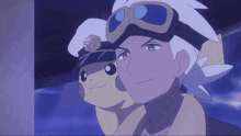 a cartoon character wearing goggles and a hat that says uf on it