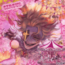 a painting of a clown and a merry go round with the word circus on the top