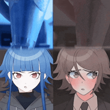 a girl with blue hair and a boy with brown hair
