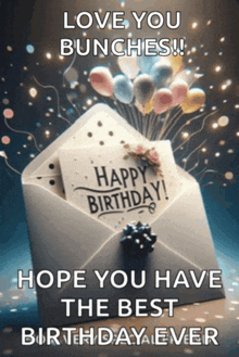an envelope with a happy birthday card and balloons in it