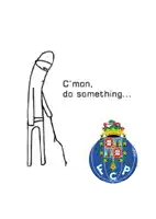 a drawing of a man with a cane next to a blue fc p logo
