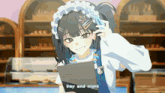 a girl in a maid costume is holding a clipboard with the words day and night written on it