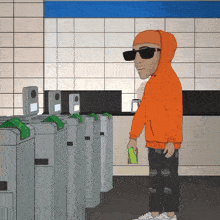 a cartoon of a man in an orange hoodie standing in front of a barrier