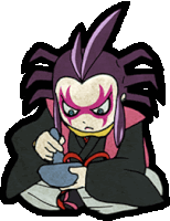 a cartoon character with a purple mohawk is holding something