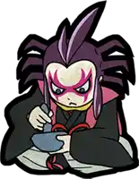 a cartoon character with a purple mohawk is holding something