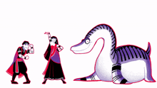 a cartoon drawing of a man and a woman dancing next to a dinosaur