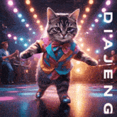 a cat wearing a suit and bow tie is dancing on a stage with the words dia jeng behind it
