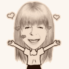 a black and white drawing of a woman with hearts on her face .
