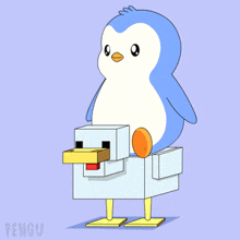 a penguin is riding on the back of a white chicken with a red beak