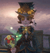 a cartoon character wearing a top hat and holding a sphere