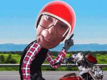 a man wearing a red helmet and glasses is riding a motorcycle with jib job written on the back