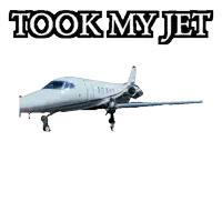 a man running in front of a plane that says took my jet on it