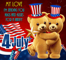two teddy bears hugging in front of a 4th of july greeting