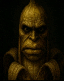 a close up of a statue of a man with a banana peel on his head .