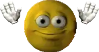 a yellow smiley face with white eyes and white hands