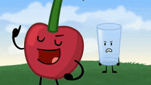 a cartoon drawing of a cherry and a glass with a sad face