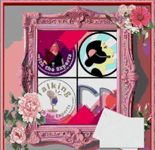 a pink frame with a picture of a woman and the words talking with the experts on it