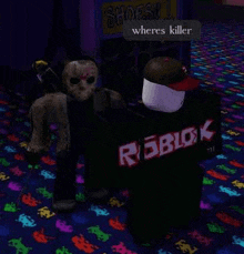 a roblox character wearing a jason voorhees mask is standing next to another roblox character .