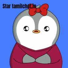 a penguin with a red bow on its head and the words star tamilchat.in