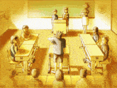 a group of children are sitting at desks in a classroom with a teacher standing behind a podium