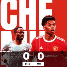 two soccer players standing next to each other on a red background