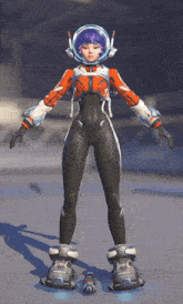 a video game character with purple hair and a helmet on
