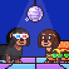 two dachshunds wearing 3d glasses are standing next to a hamburger and a disco ball