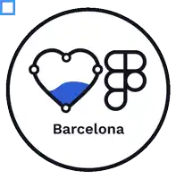 a logo for barcelona with a heart and mountains in the background