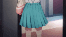 a girl in a blue skirt is standing in front of a door