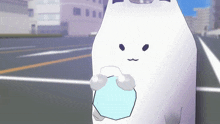 a white cartoon character holding a blue object in its hands