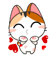 a cartoon cat is blowing a kiss with red hearts surrounding it