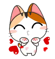 a cartoon cat is blowing a kiss with red hearts surrounding it