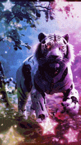 a white tiger with red eyes is standing in a forest