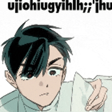 a cartoon of a boy holding a piece of paper with the words `` ujiohiugyihhh '' written on it .