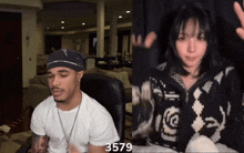 a man in a white shirt is next to a woman in a black and white jacket with the number 3579 on the bottom