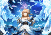 a girl in a white dress is surrounded by birds