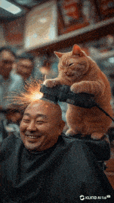 a cat is sitting on a man 's head with a kling ai 1.6 logo in the corner