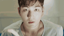 a close up of a person 's face with a white shirt on