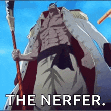 a man in a white coat is holding a spear with the words the nerfer .