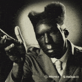 a black and white photo of a man with hailuo ai on the bottom
