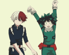 two anime characters are standing next to each other .