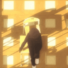 a cartoon character is walking in a room with boxes and shadows