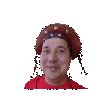 a man wearing a red shirt and a brown hat
